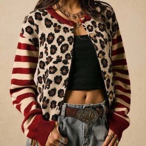 Leopard Print Button Down Striped Loose Fit Cardigan  new